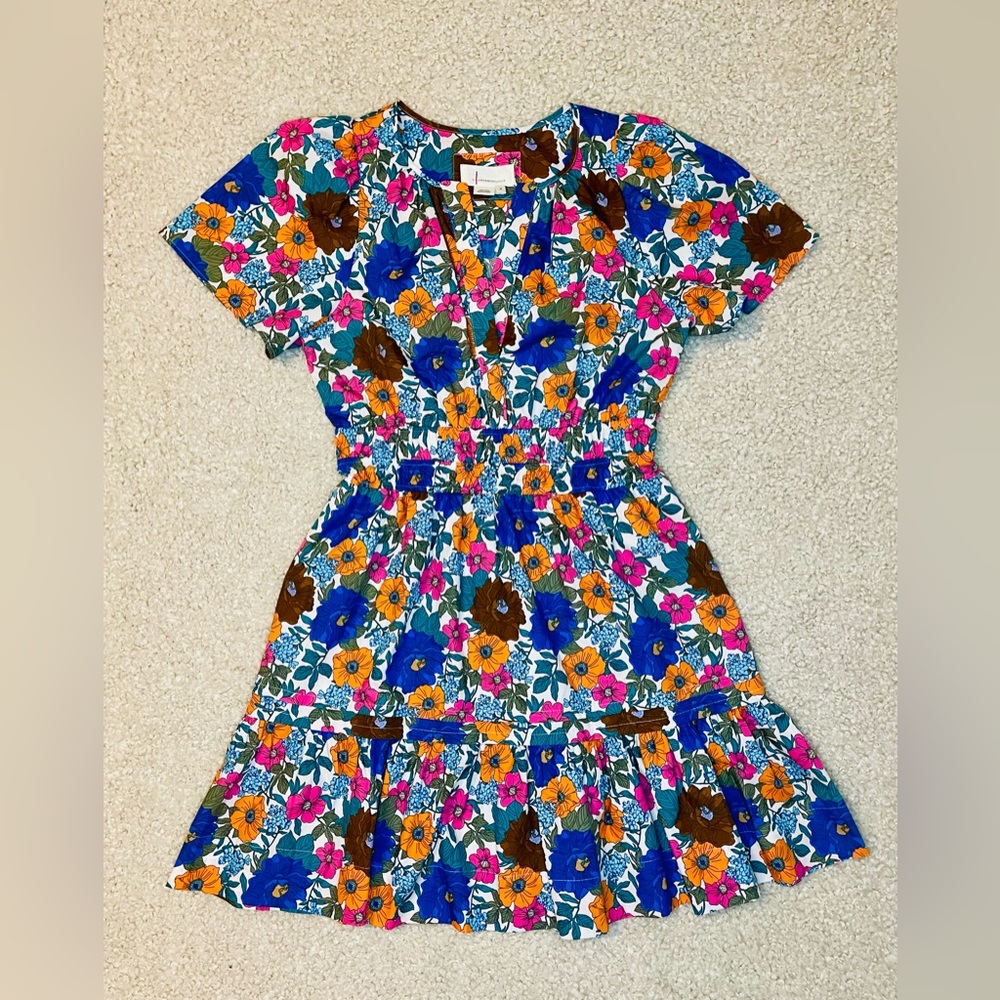 Anthropologie Floral Mini Dress in Blue, Orange, Pink, Brown